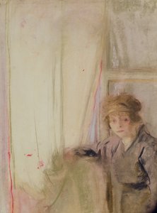 Žena opřená o okno (pastel na papíře)